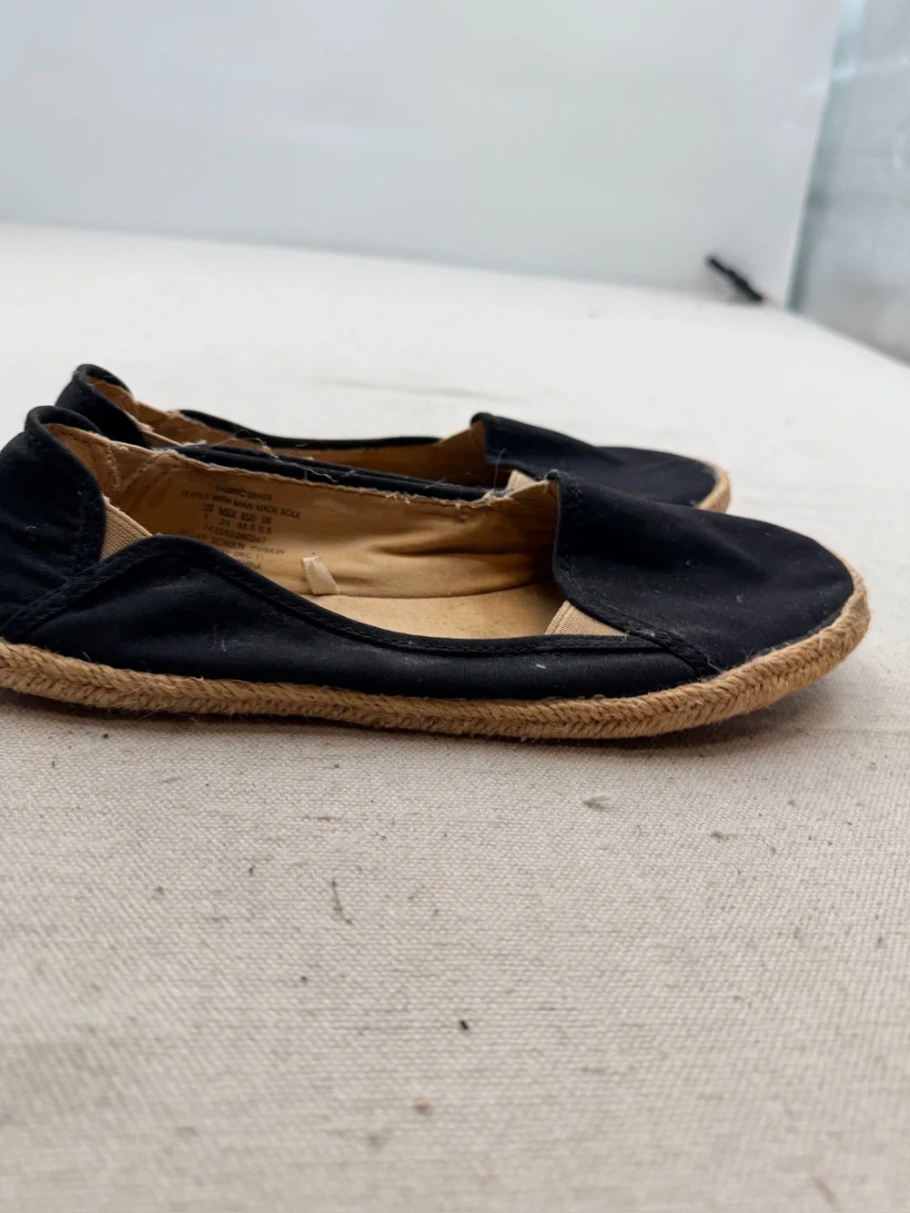 Bongo Black Canvas Espadrille Slip-On Flats with Jute Trim